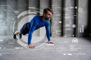 A person in a blue athletic shirt performs push-ups on a gym floor, surrounded by digital fitness metrics and progress indicators.