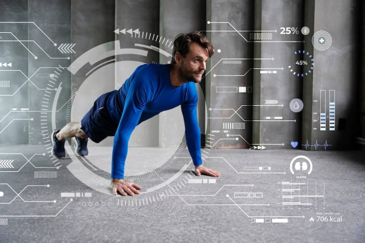 A person in a blue athletic shirt performs push-ups on a gym floor, surrounded by digital fitness metrics and progress indicators.