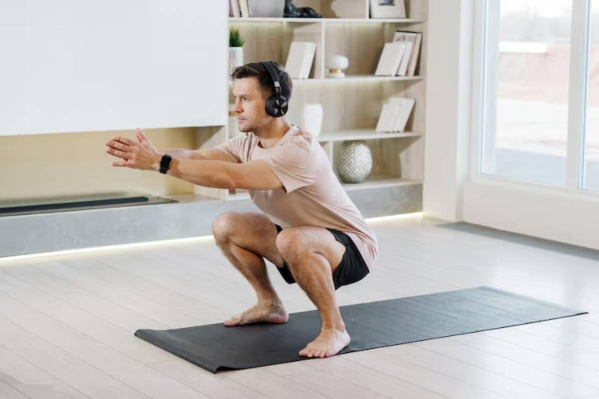 A person in activewear performs a squat on a yoga mat, wearing headphones in a bright, modern living space.