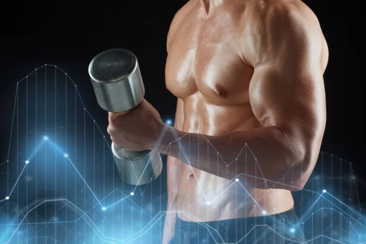 A muscular man holds a dumbbell, with a backdrop of dynamic blue data graphs, symbolizing strength and fitness analytics.
