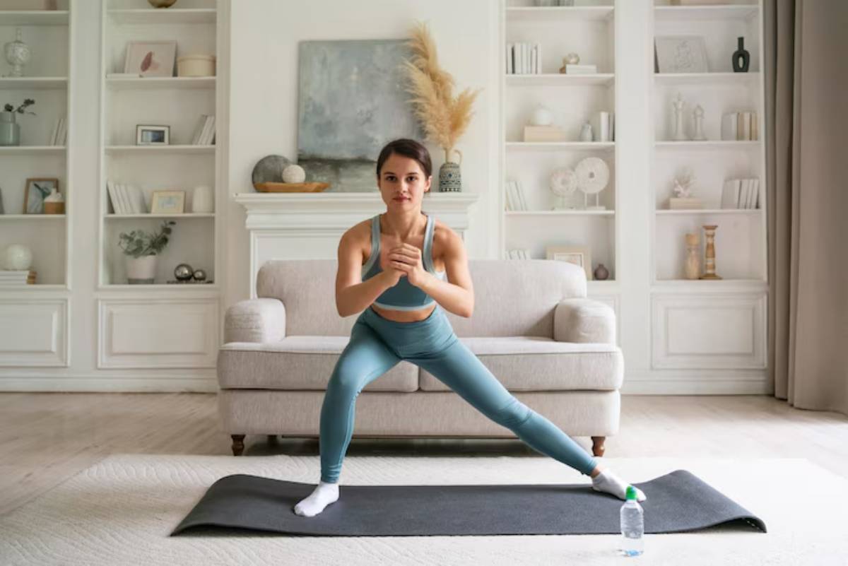 A person in activewear performs a side lunge on a yoga mat in a bright, modern living room with a sofa and decorative shelves.